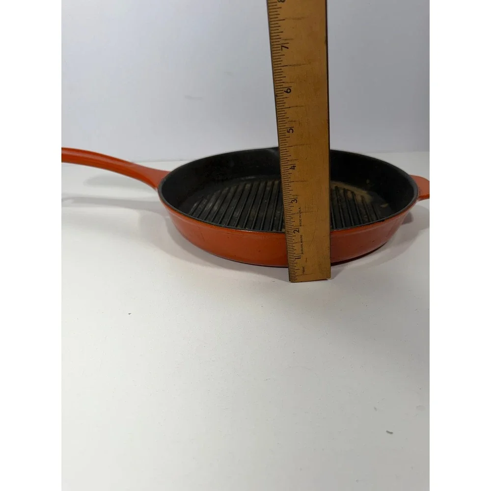 Orange Enameled Cast Iron Round Grill Pan Skillet with Ribbed Surface 10 inch
